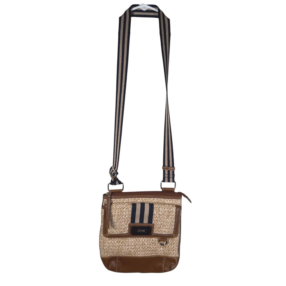 Chaps Womens Straw Crossbody Bag Brown Faux Leather Trim Striped Strap Nautical